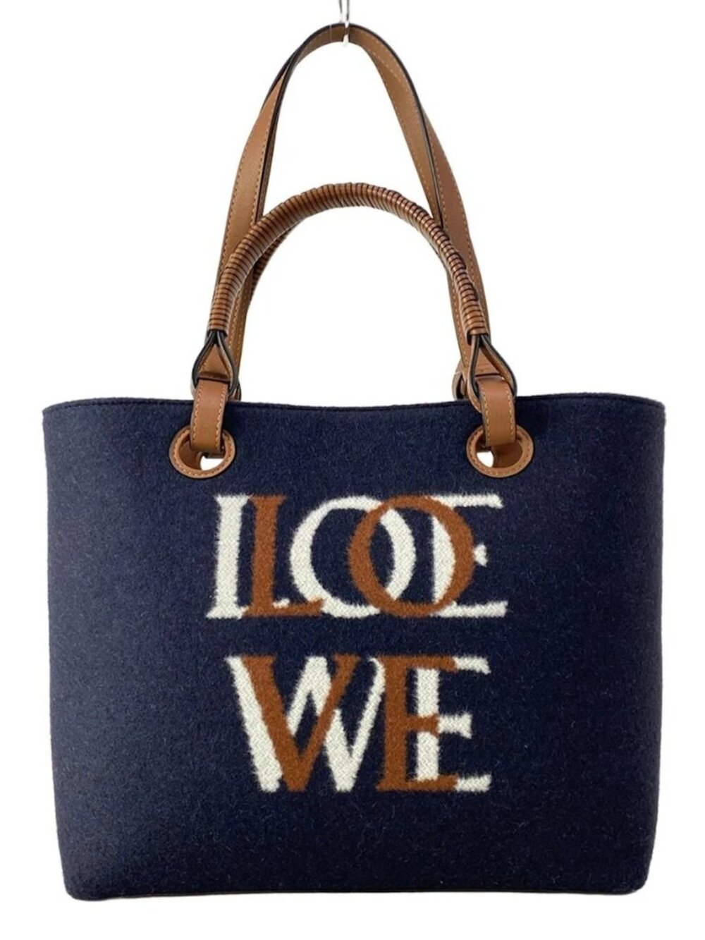 LOEWE Love Anagram Small Tote A717S72X13 Navy Brown White Wool Calf Skin